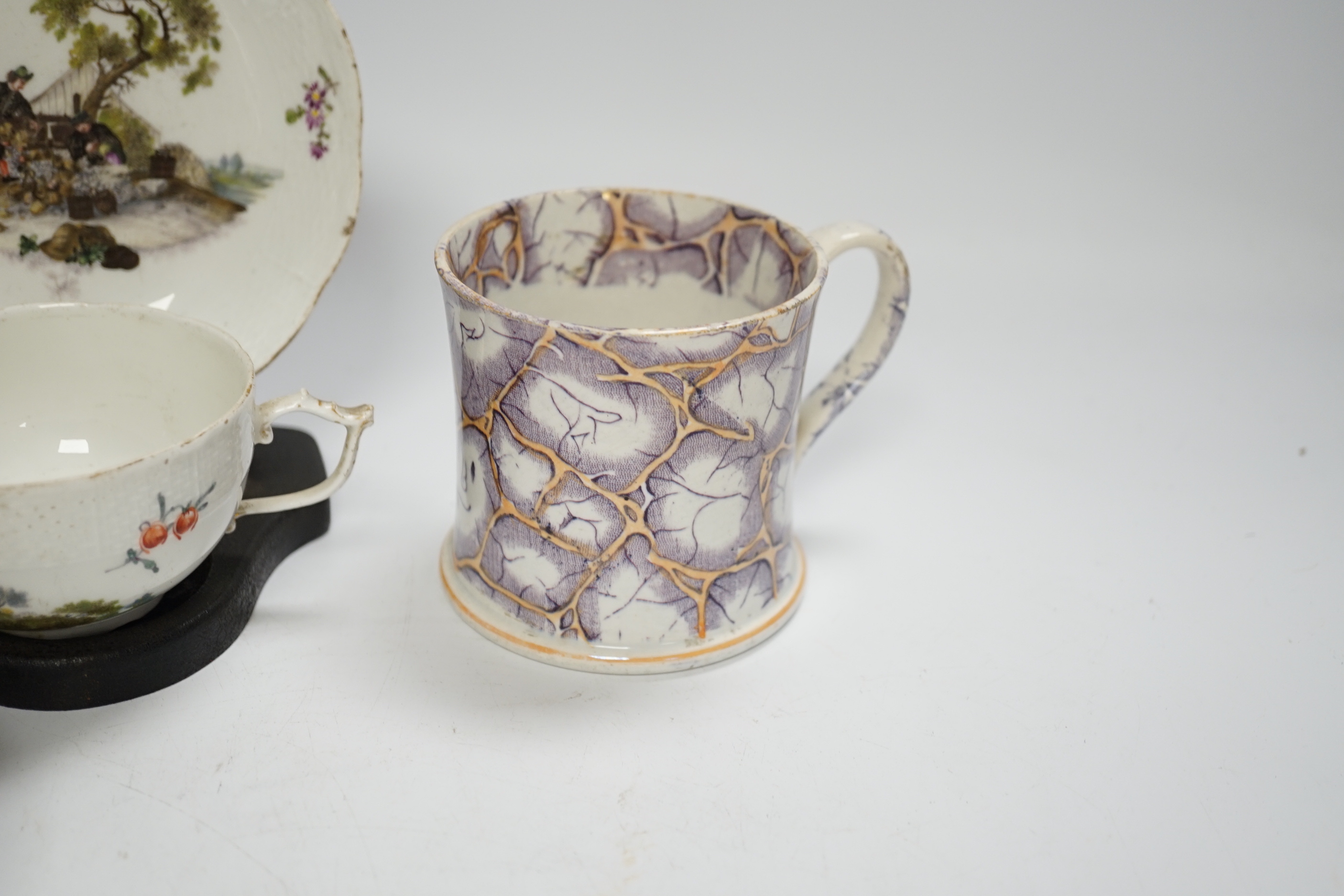 Two Derby porcelain coffee cans and one saucer, a tea bowl, a pearlware mug and a mid 18th century Meissen cup and saucer, tallest mug 8cm high